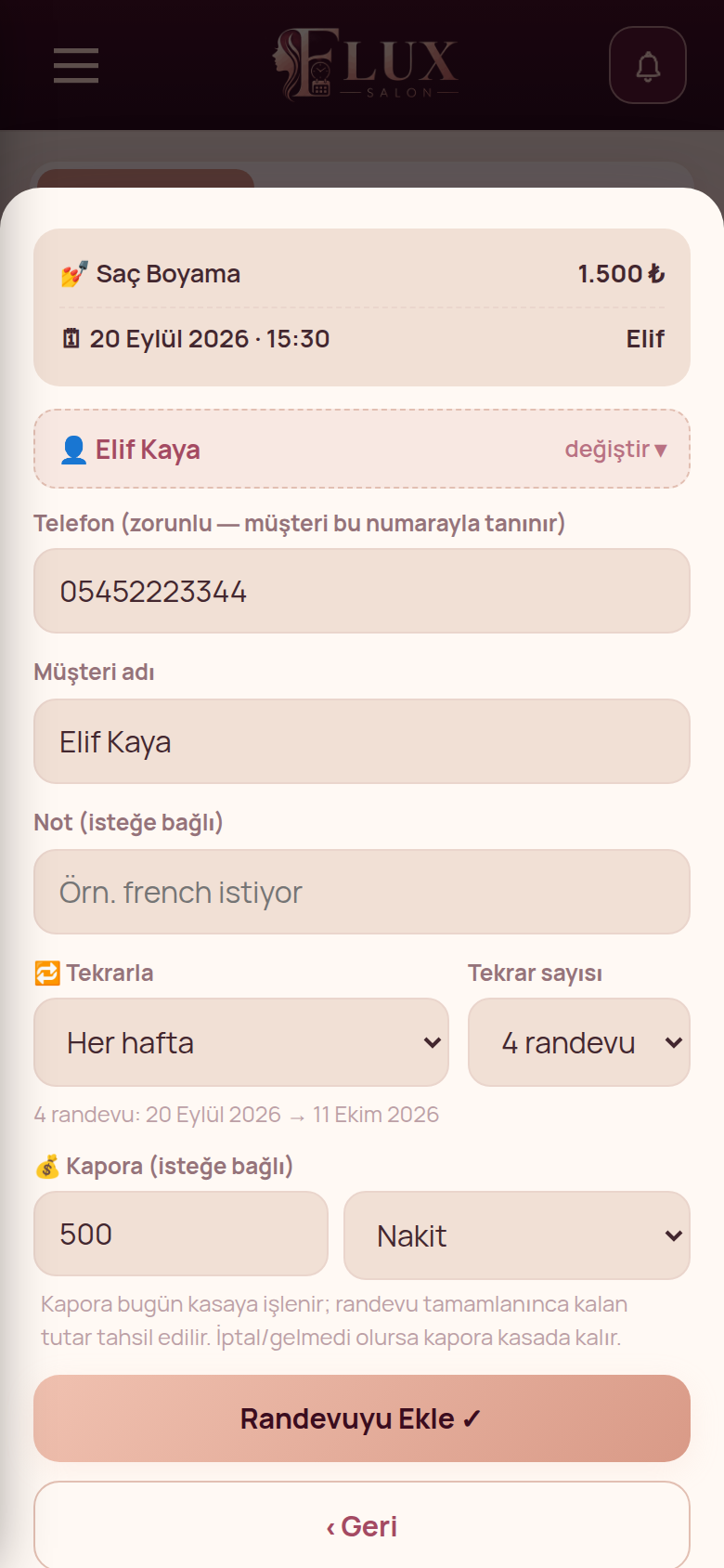 Randevu sihirbazı — kayıtlı müşteri, tekrar ve kapora