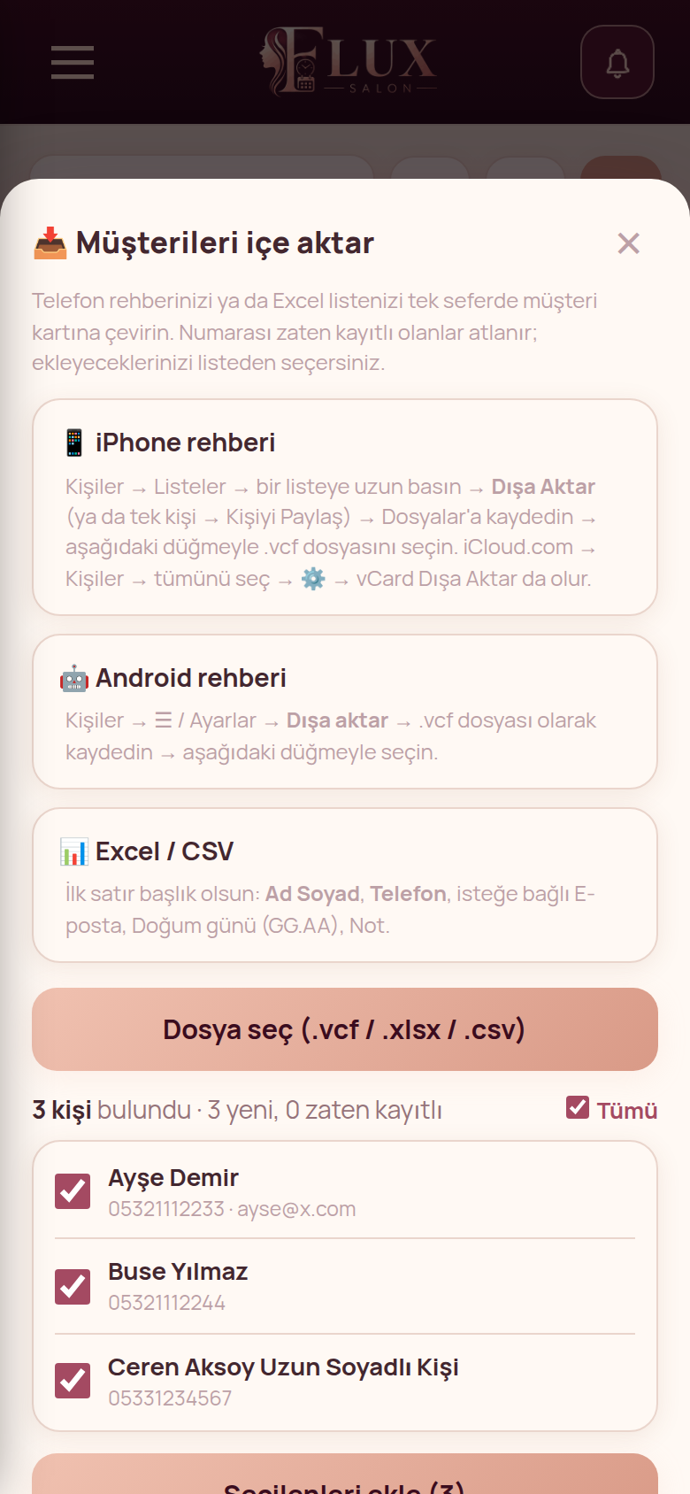 Telefon rehberinden müşteri aktarma