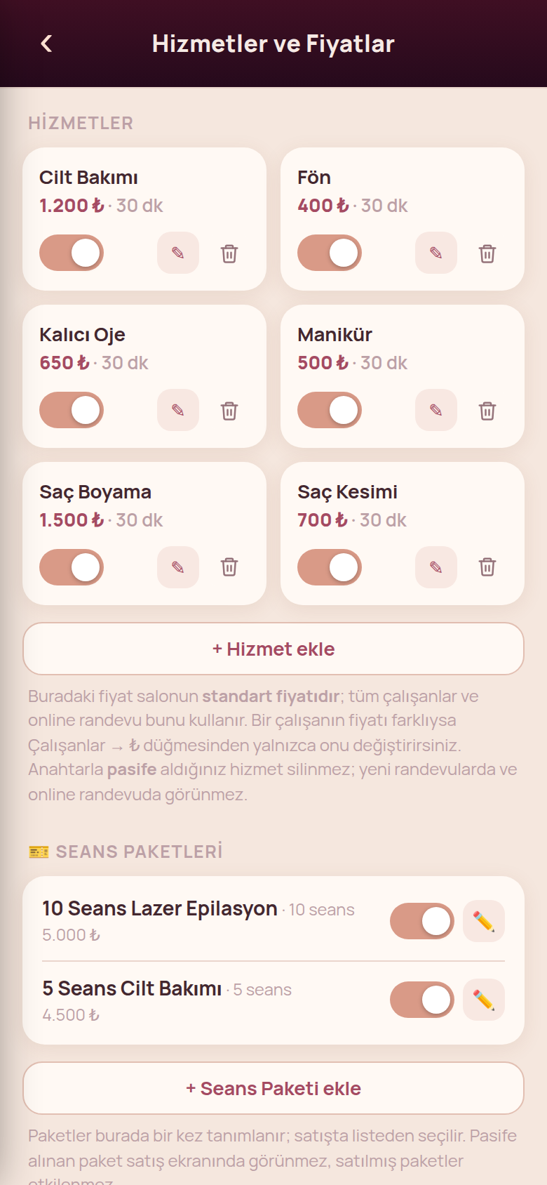 Hizmet ve çalışan ekleme ekranı