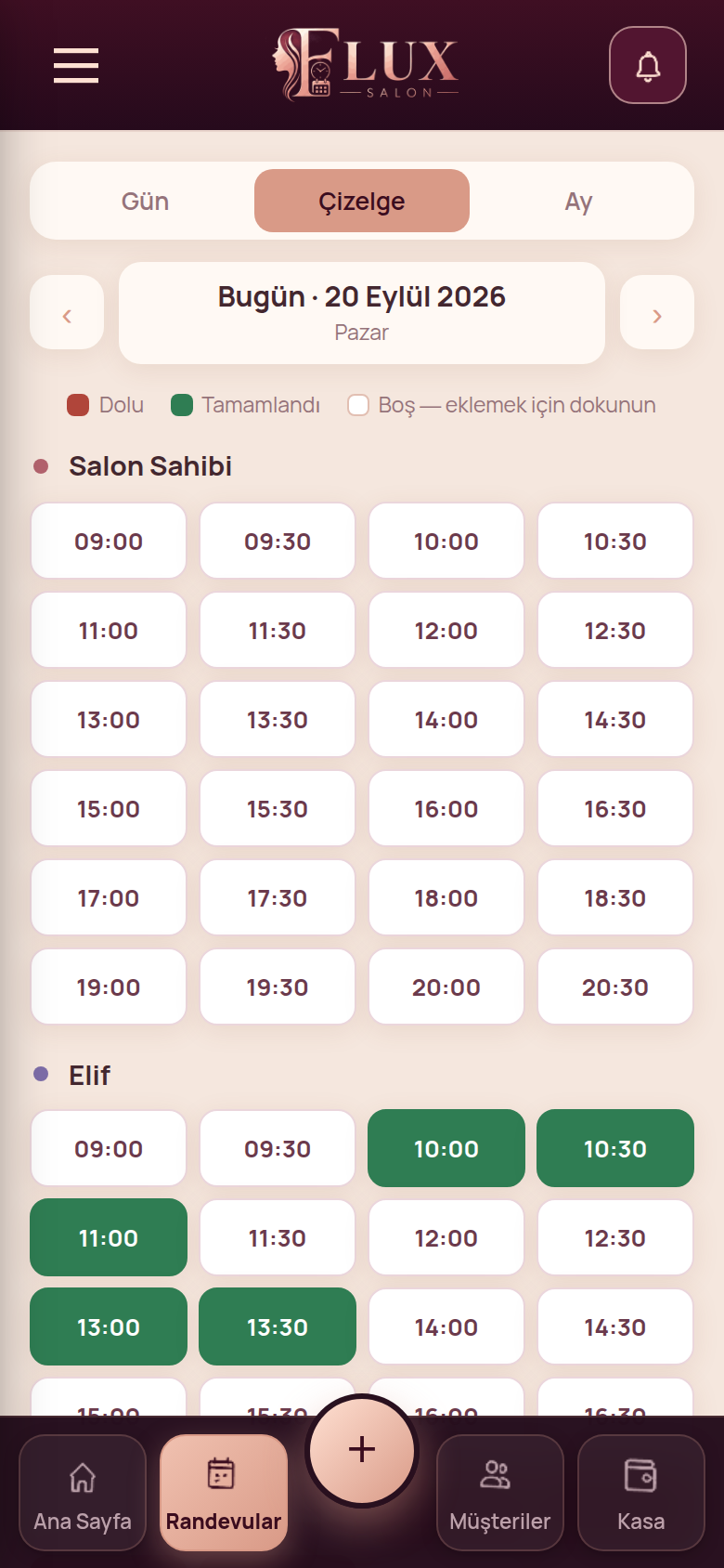 Çizelge görünümü — tüm ekibin saatleri